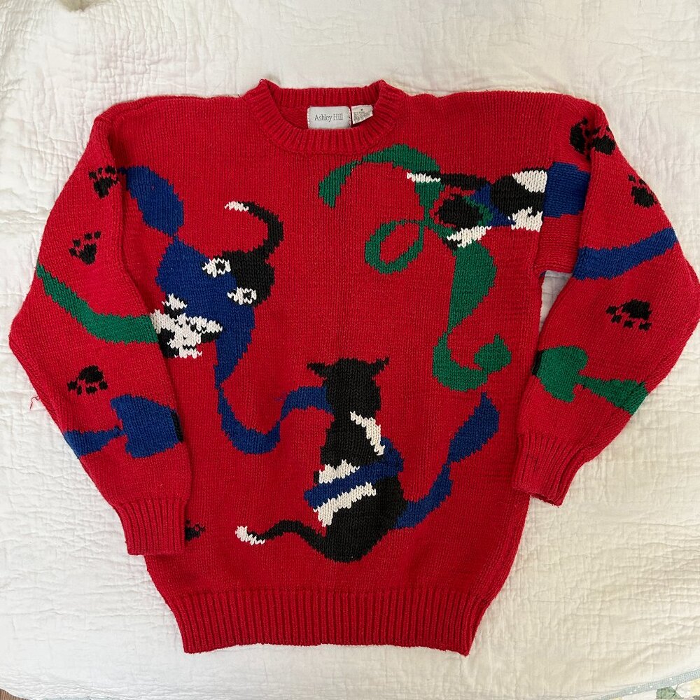Vintage Chunky Red Holiday  Black & White Cat Sweater Medium